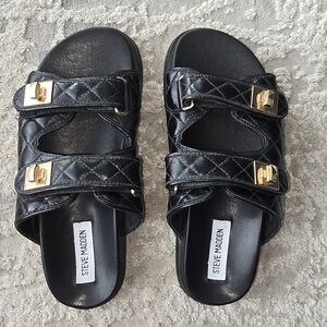Steve Madden Black Quilted Sandals with Gold Buckles